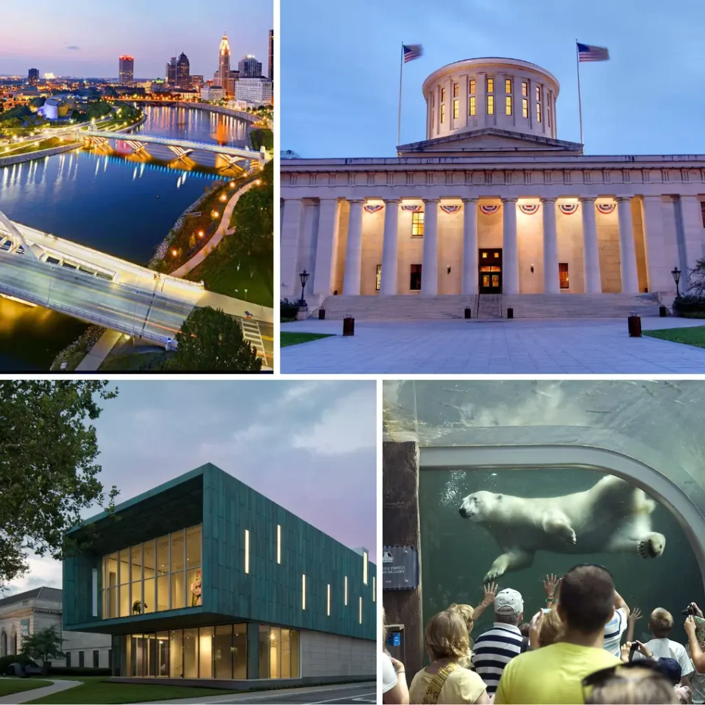 A collage of four images depicting Columbus, Ohio: A view of the city skyline with bridges over a river at dusk; the Ohio Statehouse illuminated with flags; the Columbus Museum of Art; and visitors viewing a polar bear swimming at the Columbus Zoo. Truly, these are must-visit attractions in Ohio.