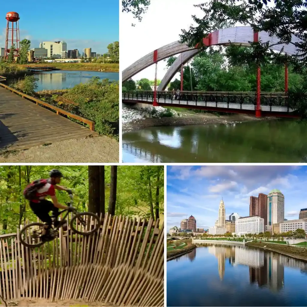 A collage of four images features Columbus: (top left) a city skyline and water tower viewed from a lakeside boardwalk; (top right) a red arch bridge over calm water; (bottom left) a cyclist on a wooden trail in a forest; and (bottom right) a cityscape along a river.