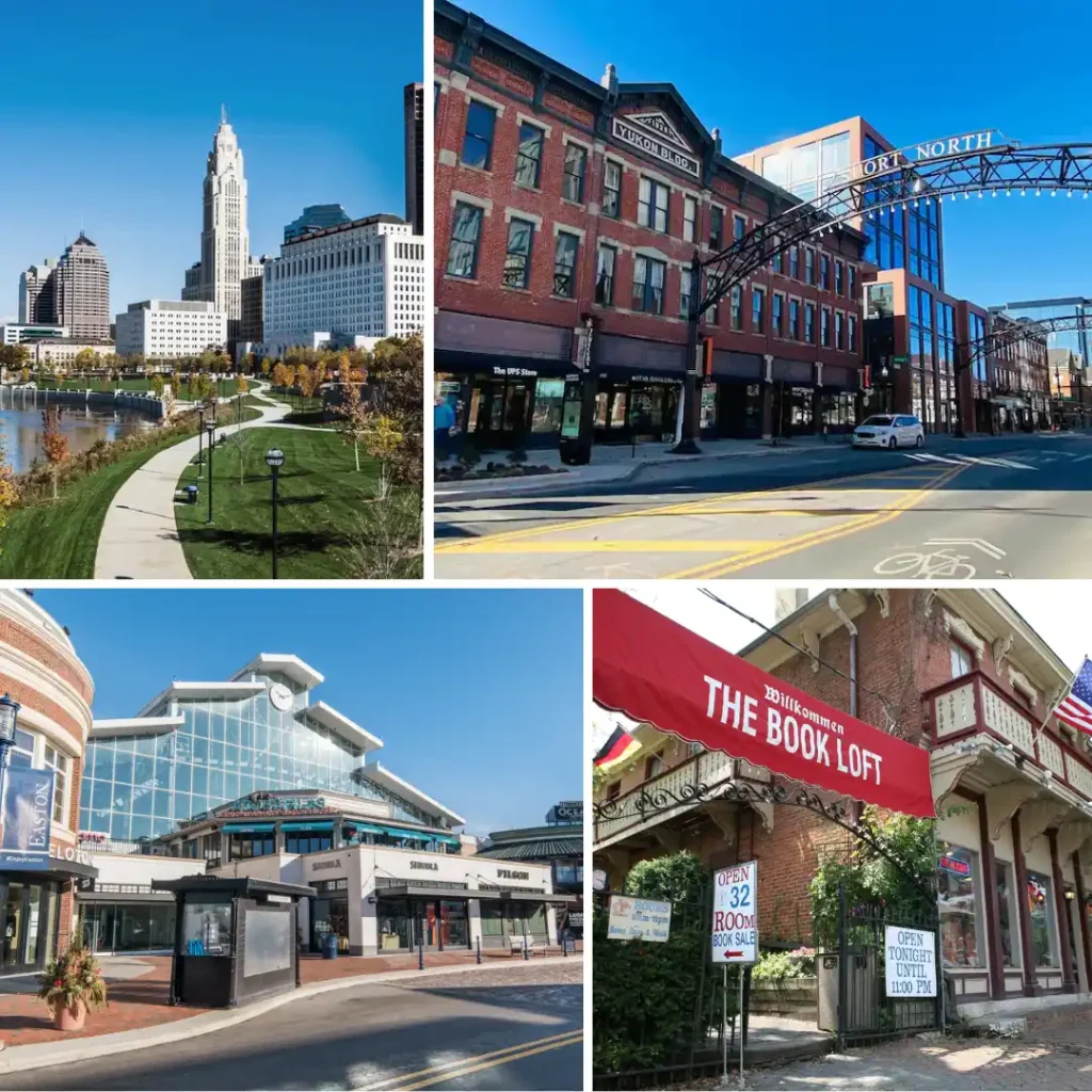 
A collage of four images depicting landmarks in Columbus: the riverfront and city skyline, the North Market area with brick buildings and an iron arch, Easton Town Center, and the Book Loft bookstore with a red awning.