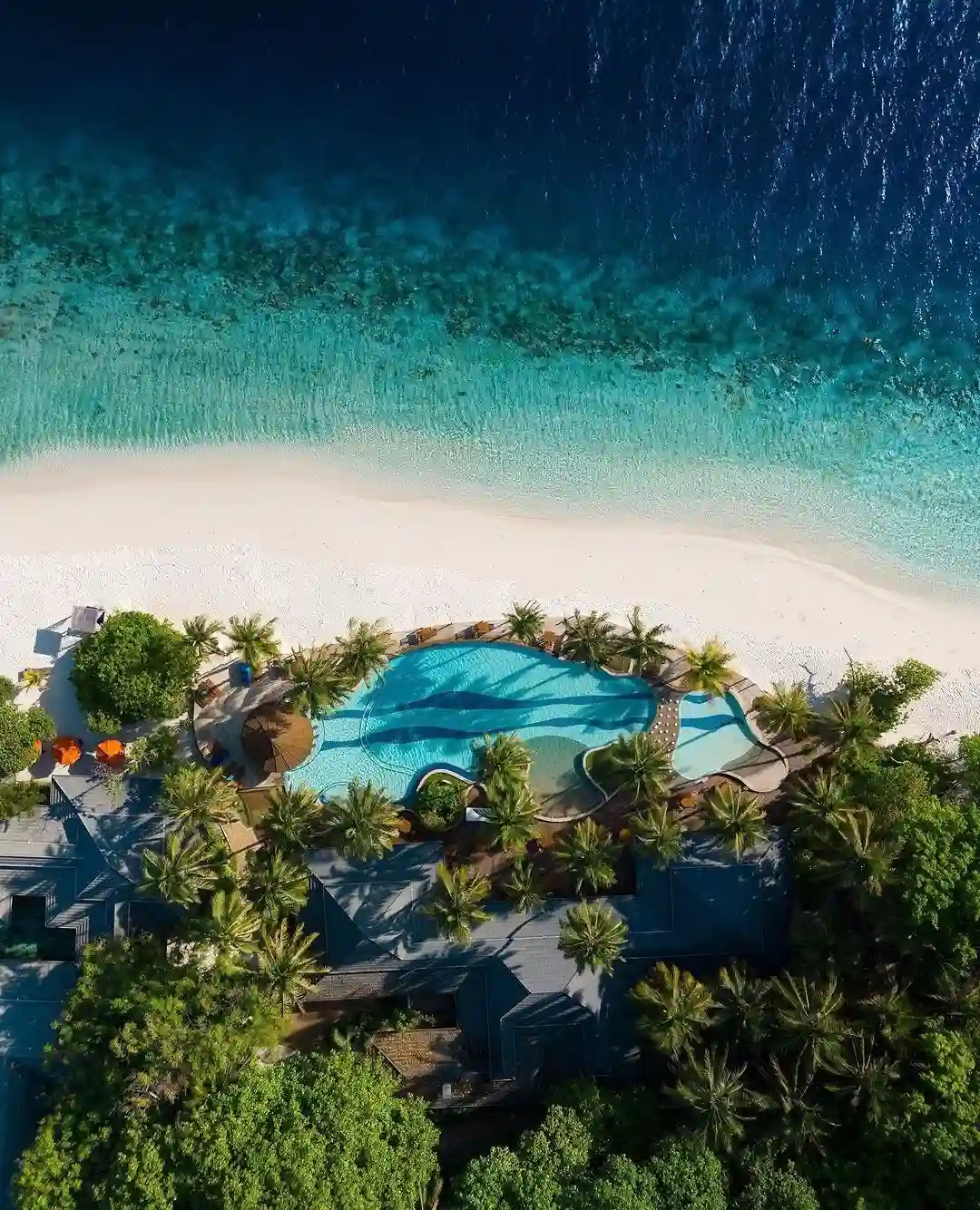 Aerial view of a tropical beach in the Maldives with a turquoise swimming pool surrounded by palm trees and lush greenery. The pool area is adjacent to white sand leading to a calm, clear blue ocean.