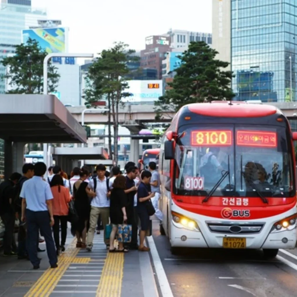 A crowd of people waits at a bus stop as a red bus with route number 8100 pulls in. The bus stop features a raised platform and yellow tactile paving, emphasizing the efficiency of public transportation, and is set against the backdrop of a bustling urban area with tall buildings and greenery.