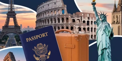 A collage image with the text "VIP Traveler Reviews - A Detailed Guide with In-Depth Information". In the background, there areimages of various travel destinations like the Eiffel Tower in Paris, the Great Wall of China, the Colosseum in Rome, and the Statue of Liberty in New York. There's a passport and a suitcase in the foreground.